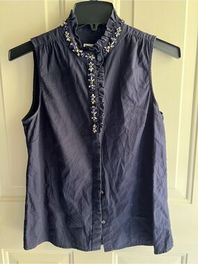 J. Crew Women’s Navy Sleeveless Embellished Ruffle Neck Top size 4